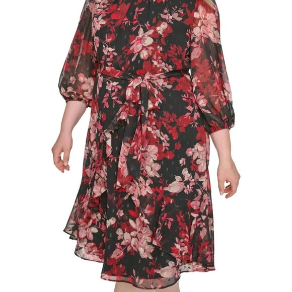 Jessica Howard Plus Size Clip-Dot Chiffon Belted MIDI Dress - Black Red  (NWT) - Picture 3 of 7